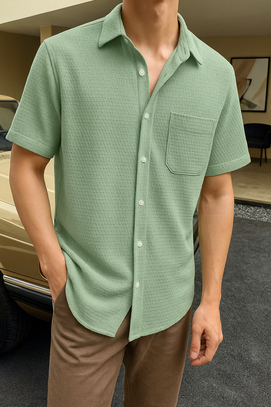 Men Regular Fit Self Design Spread Collar Casual Shirt