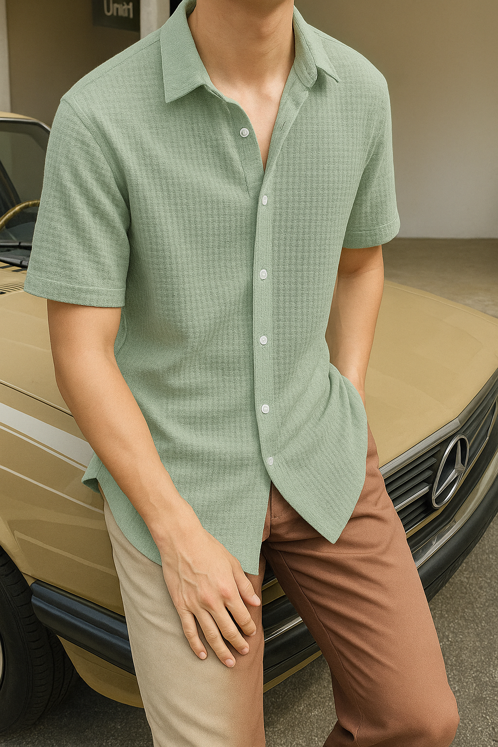 Men Regular Fit Self Design Spread Collar Casual Shirt