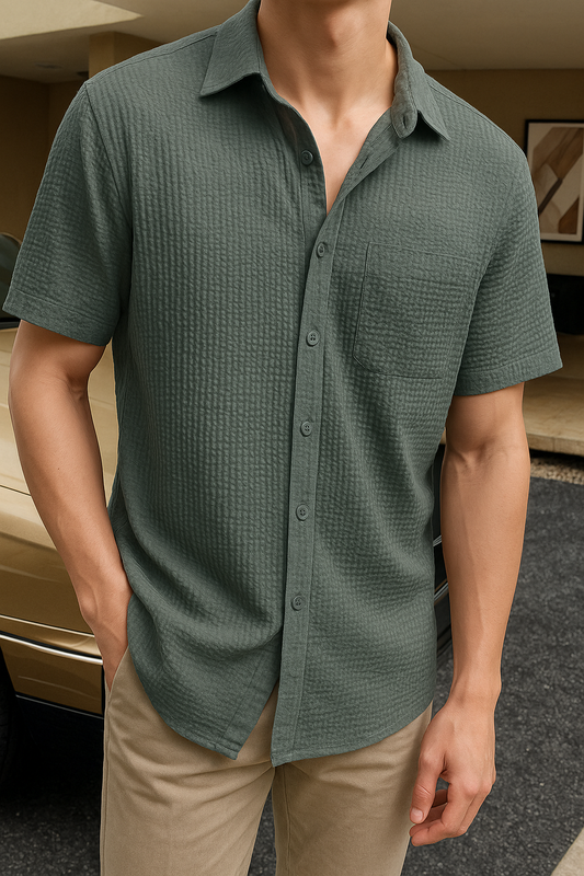 Men Regular Fit Self Design Spread Collar Casual Shirt