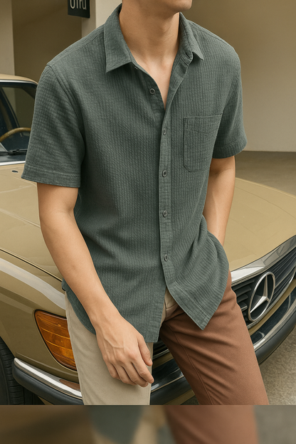 Men Regular Fit Self Design Spread Collar Casual Shirt
