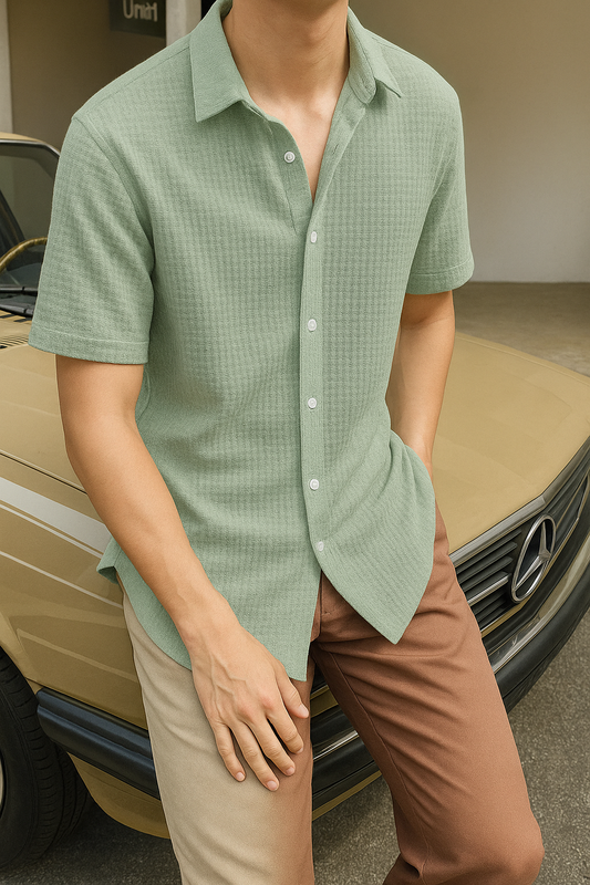 Men Regular Fit Self Design Spread Collar Casual Shirt