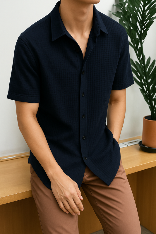 Men Regular Fit Self Design Spread Collar Casual Shirt